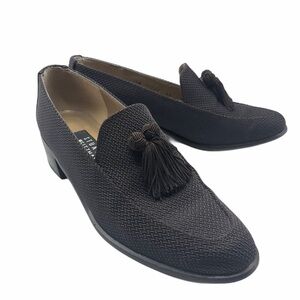 Stuart Weitzman Crosshatch Brown Loafers Textile Tassel Block Heel Sz 8AA Narrow